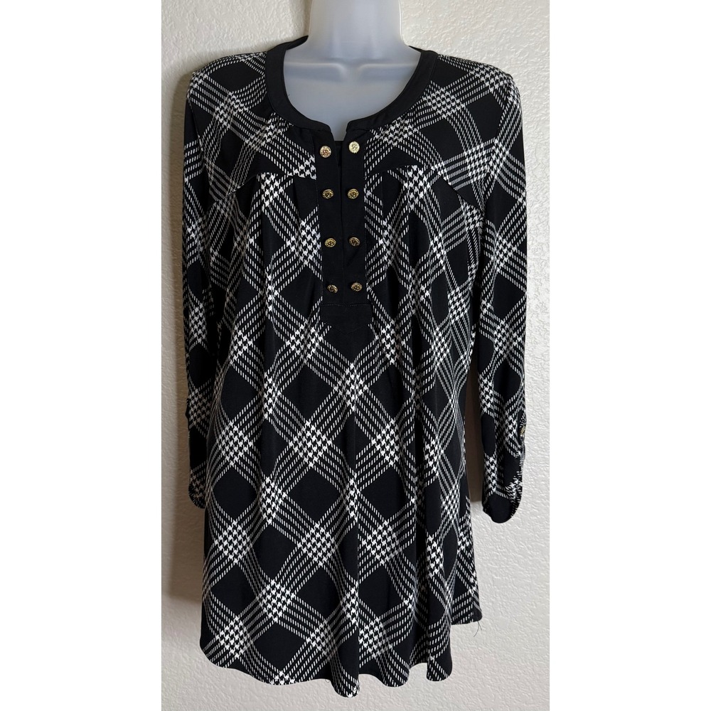 Anne Klein Womens L Tunic Top Black White Plaid Gold Hardware Roll Tab Sleeve